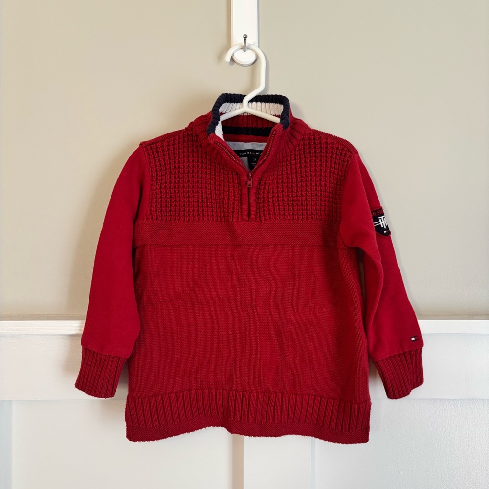 EUC Tommy Hilfiger Kids 3T Red 3/4 Zip Pullover Collar Sweater